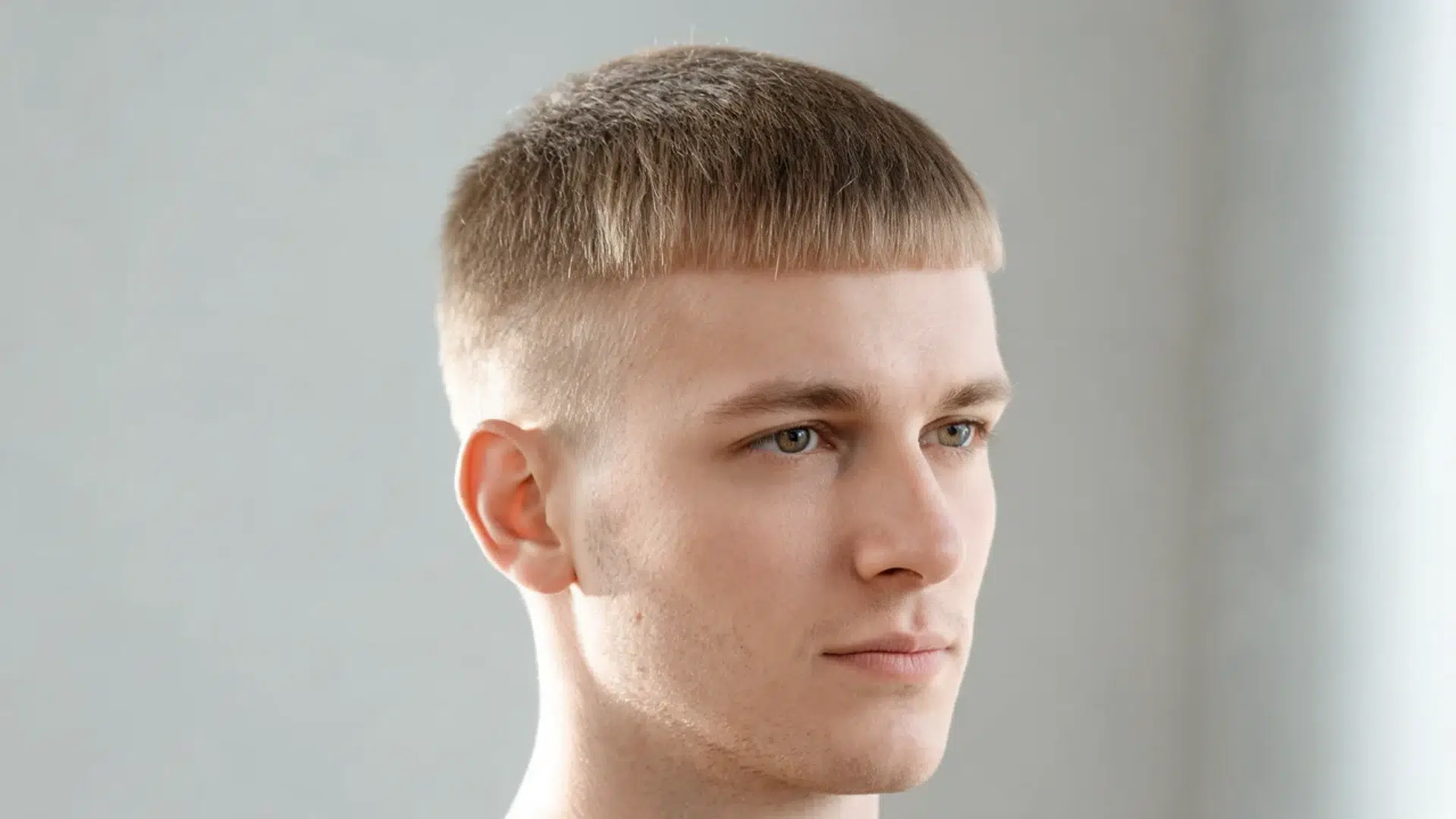 close up portrait of a man with a short caesar cut straight fringe and faded sides against a light gray background