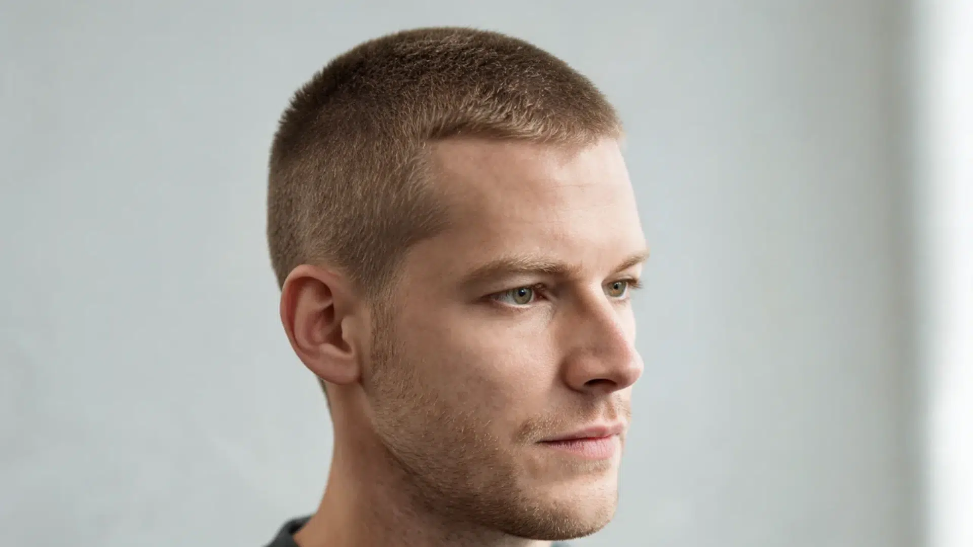 close up portrait of a man with a short crew cut and neatly tapered sides against a light gray background