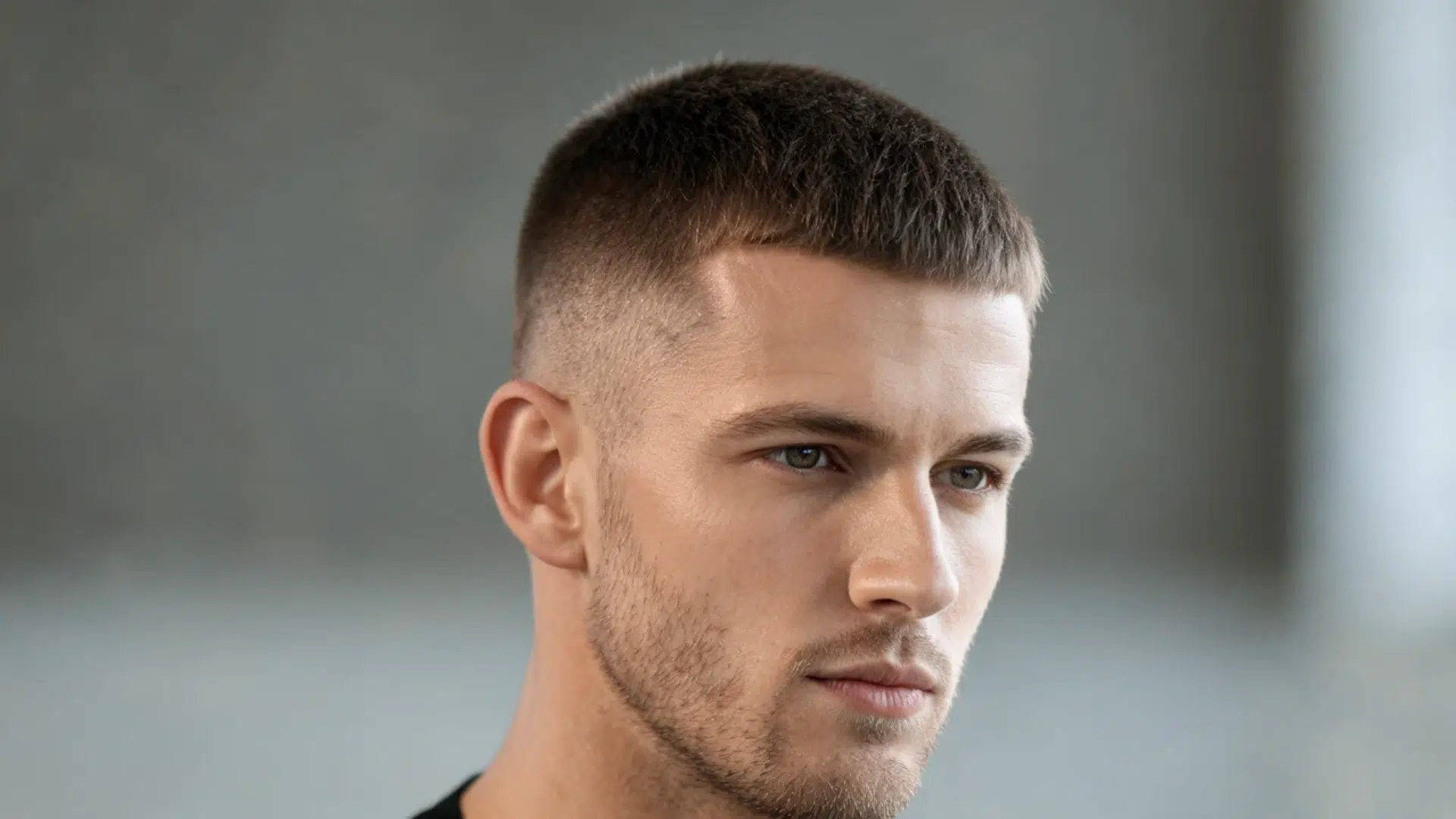 close up portrait of a man with a short french crop haircut blunt fringe and faded sides against a gray background