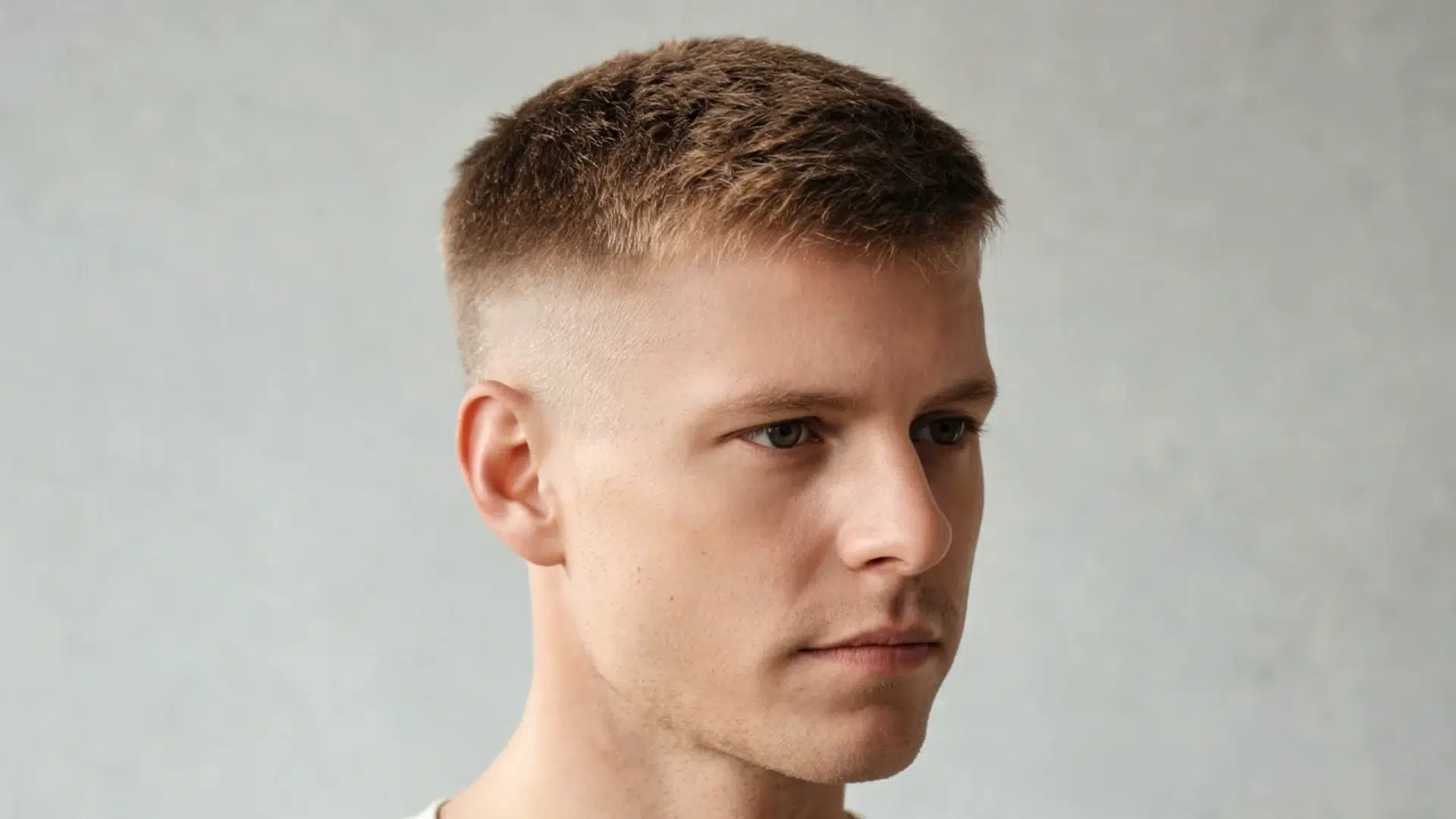 close up portrait of a man with a short textured crop and high skin fade against a light gray background