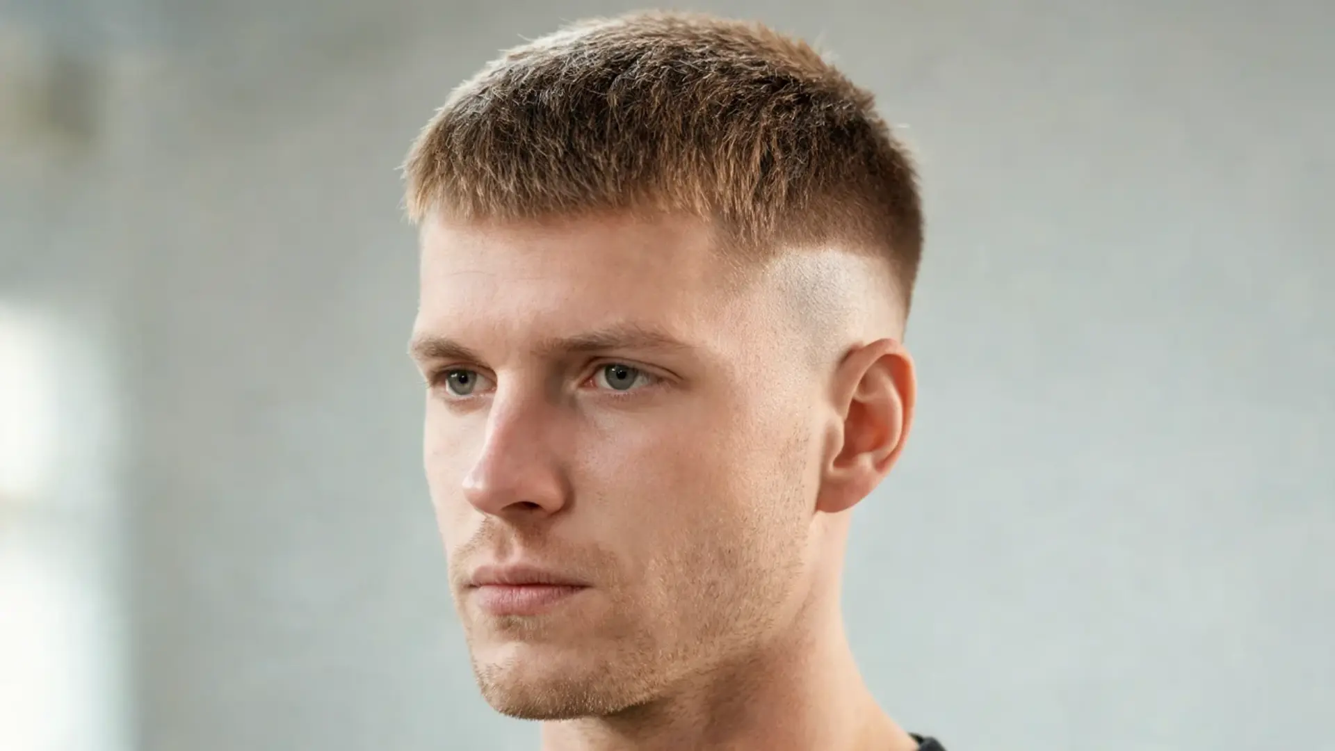 close up portrait of a man with a short textured top and high burst fade against a light gray background