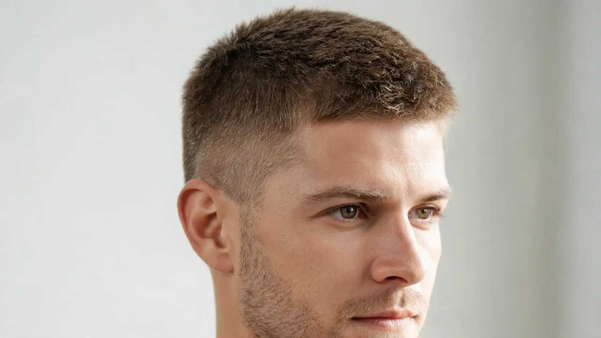 close up portrait of a man with a textured crop haircut and short faded sides against a light gray background