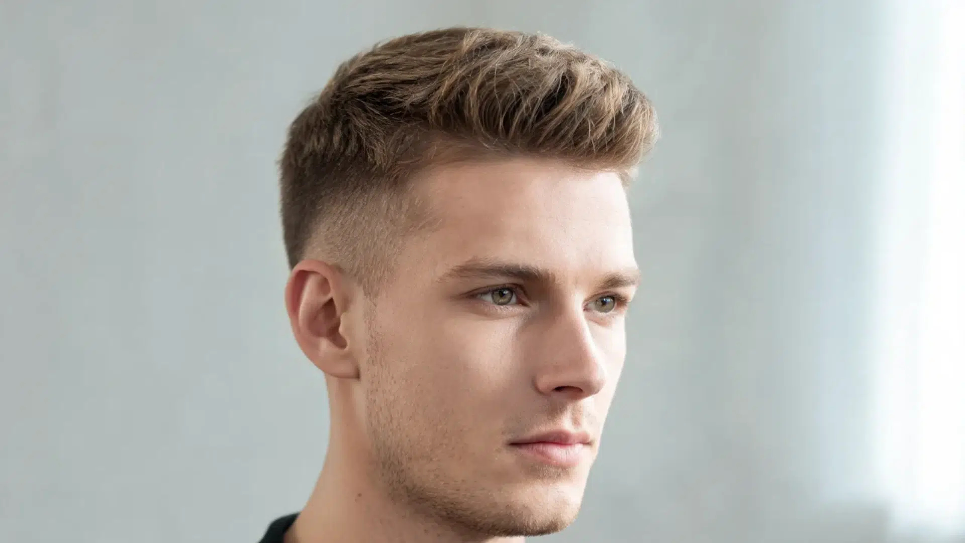 close up portrait of a man with a voluminous quiff haircut and short faded sides against a light gray background