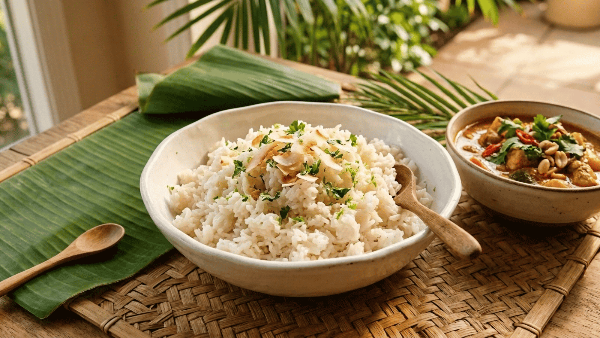 coconut jasmine rice bowl with curry on banana leaf