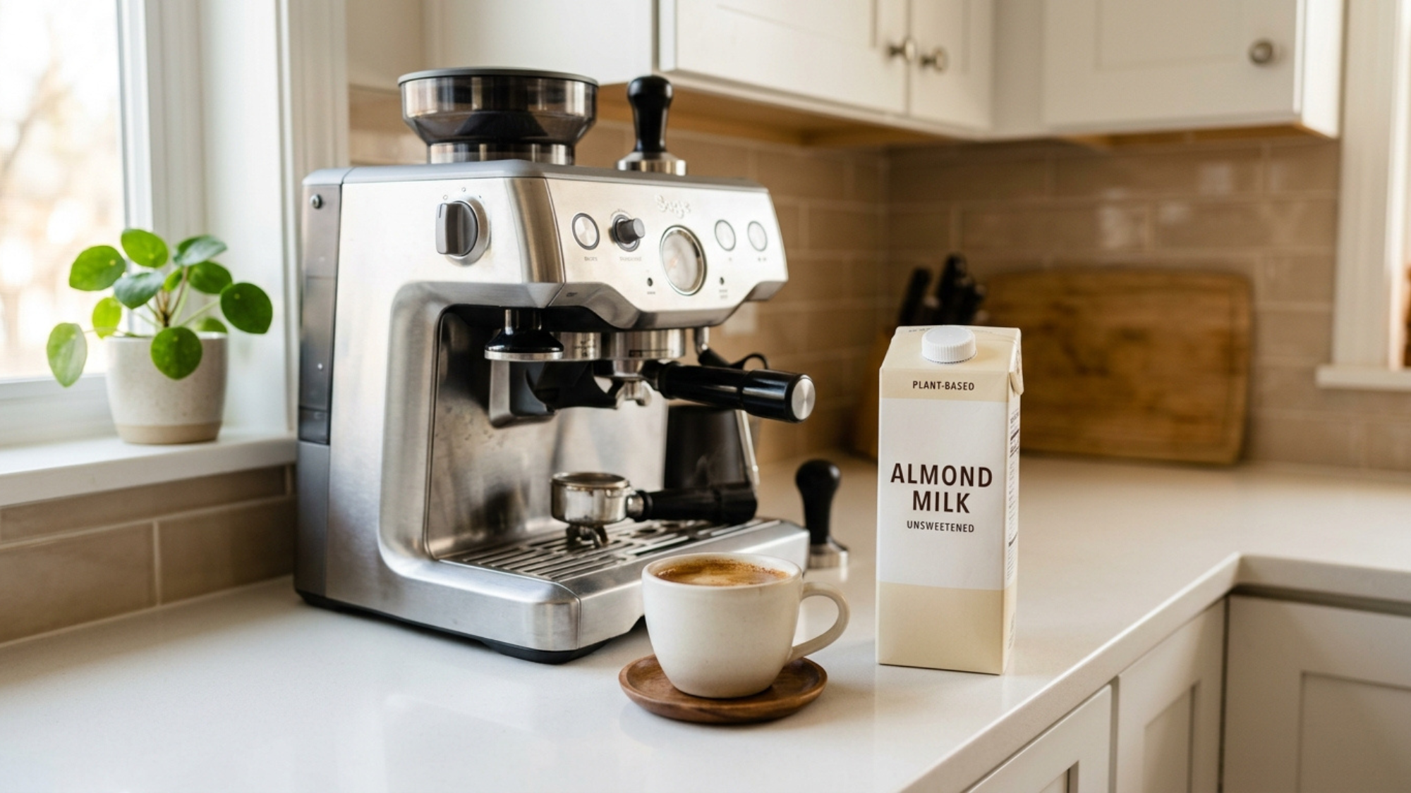 coffee machine beside a cup of coffee and almond milk carton
