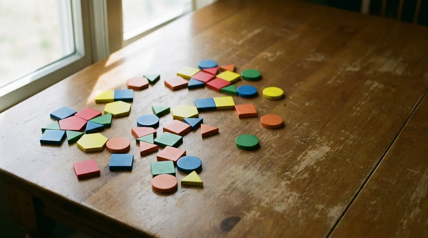Colorful geometric shapes scattered on wooden table near window in natural light