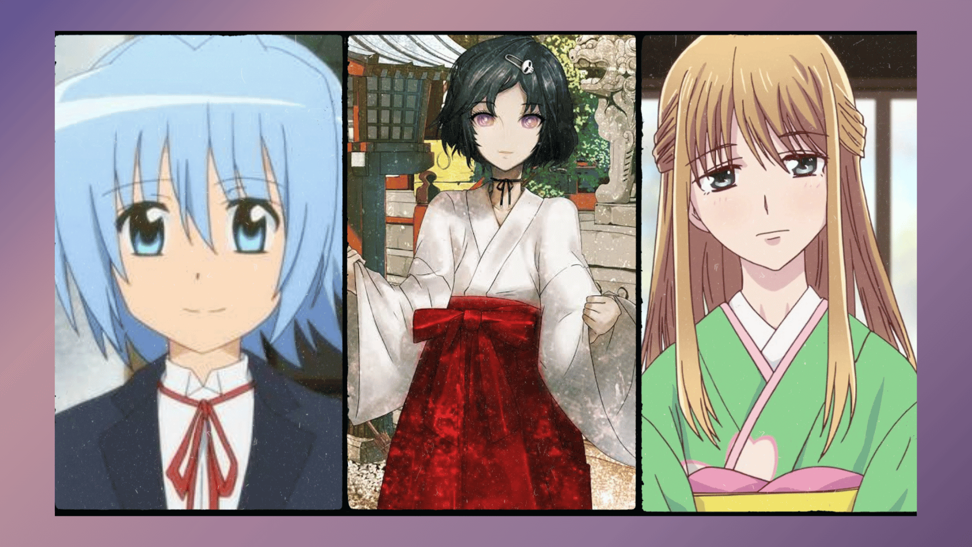 Comedy and romance <echighlighted>anime femboy</echighlighted> characters including Ruka, Aoi, and Ritsu in a themed collage.