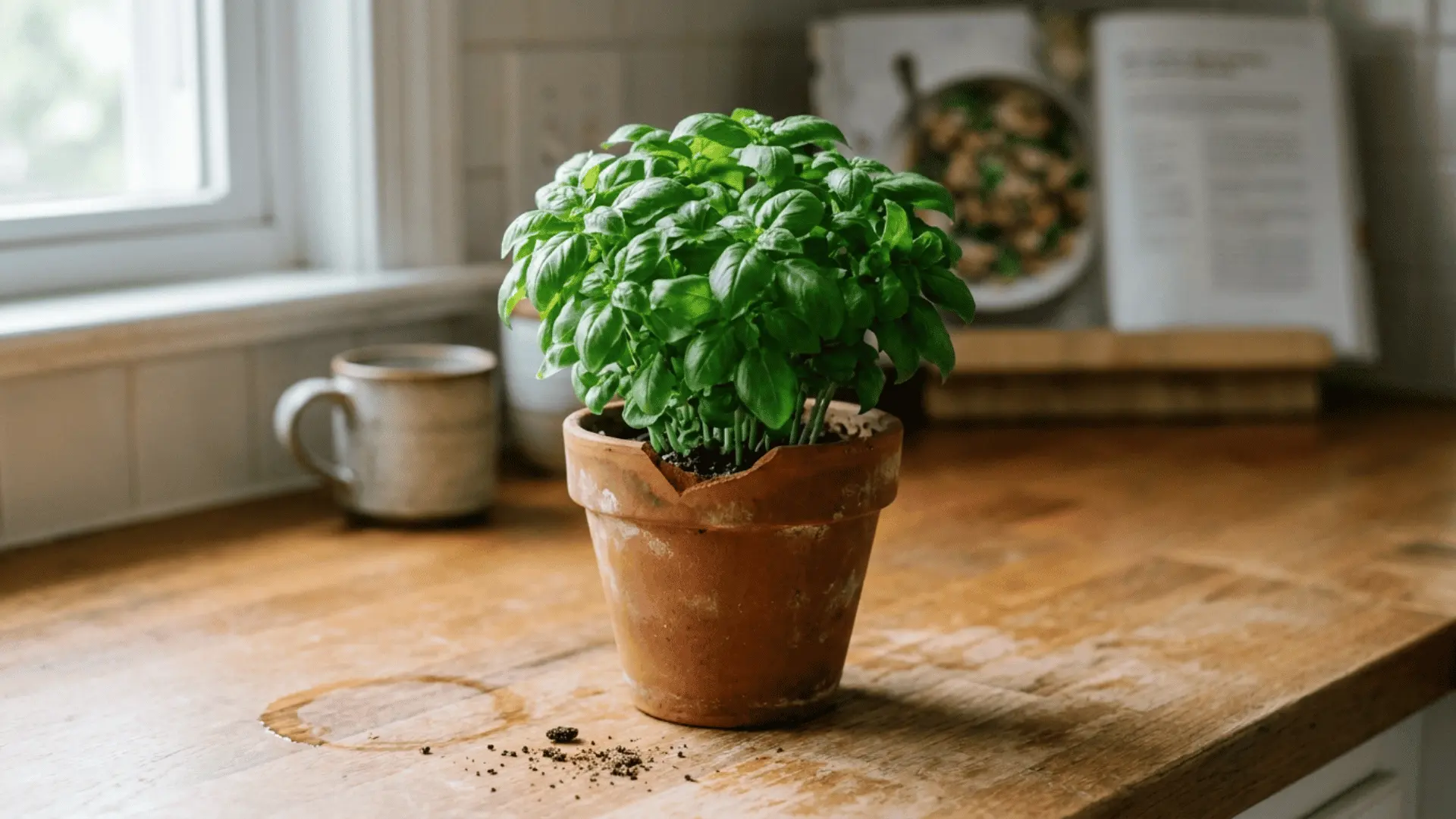small bush basil plant growing in a compact terracotta pot on a kitchen counter