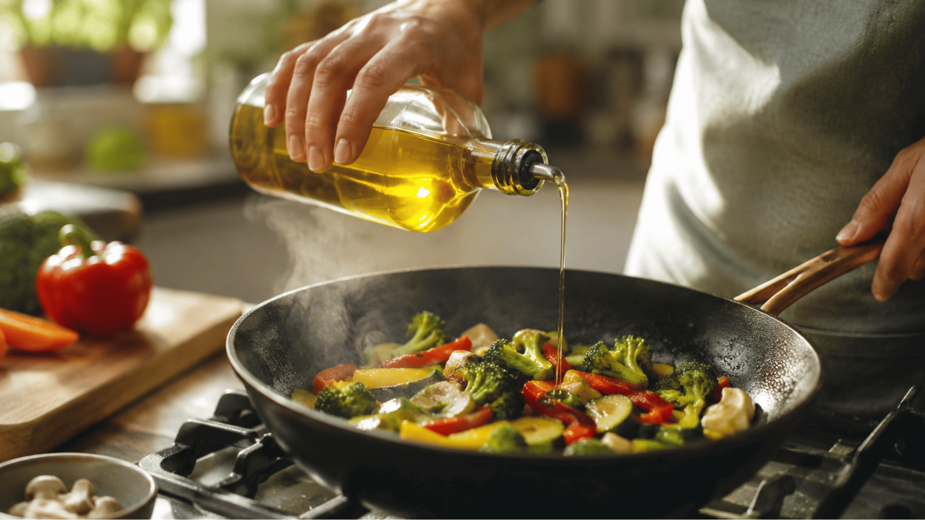 olive oil poured into a hot pan of fresh vegetables while cooking in a naturally lit kitchen with healthy ingredients