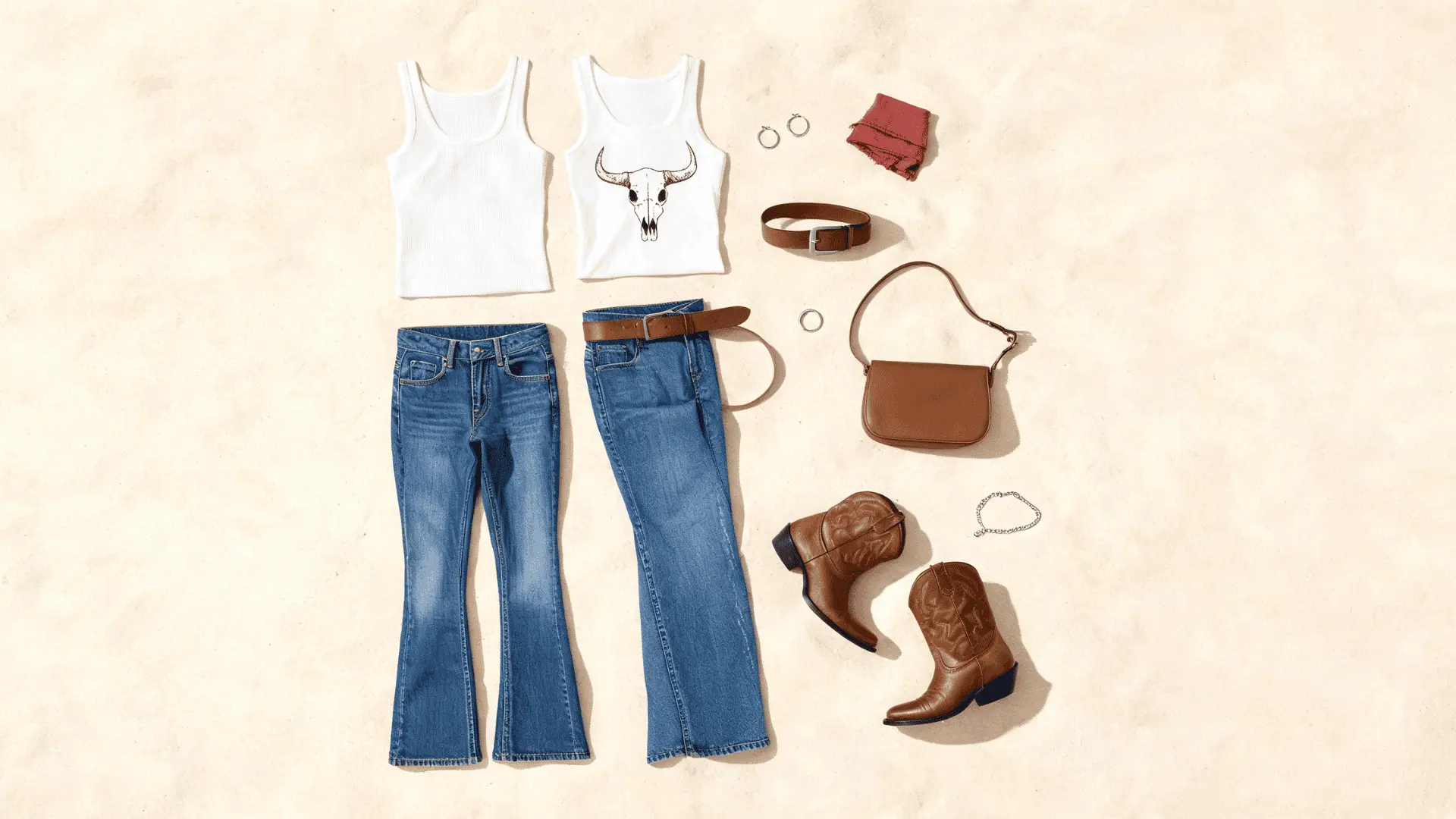 white tank blue bootcut jeans brown cowboy boots and leather belt in a flat lay outfit board