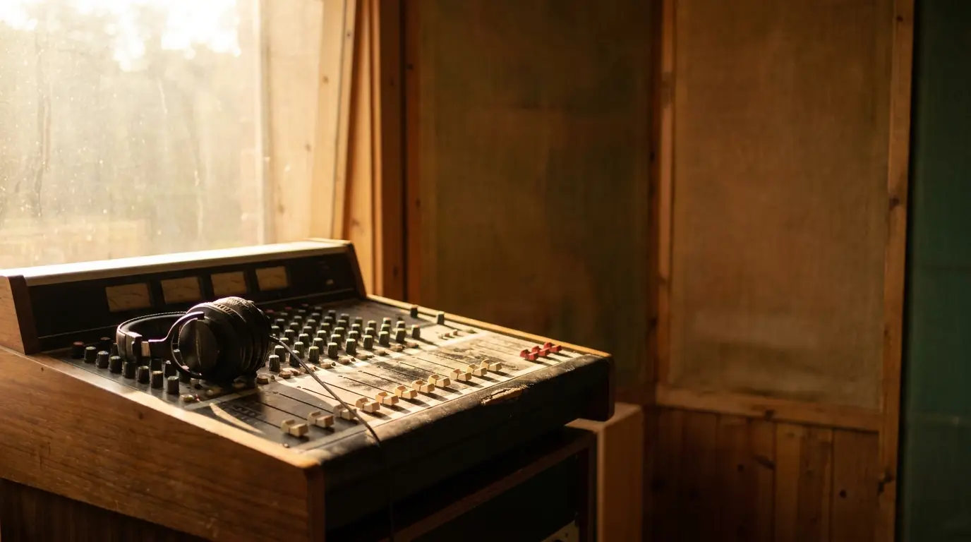 Mixing console with headphones in a wooden recording studio under warm lighting