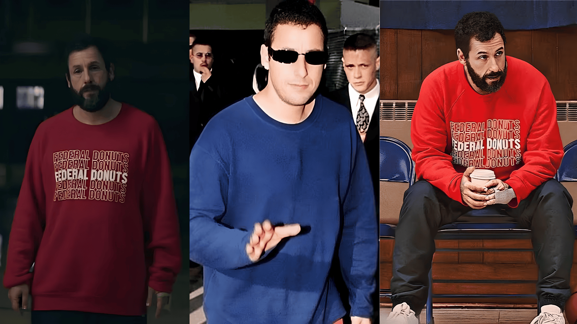 Three crew neck sweatshirt looks in red and navy with casual pants