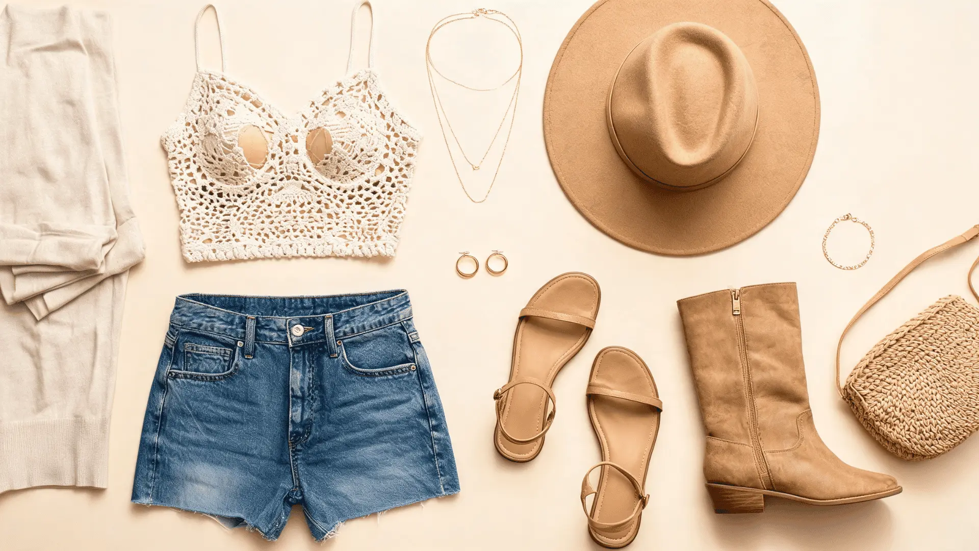 ivory crochet top denim shorts tan sandals ankle boots wide brim hat and woven bag in a flat lay outfit board