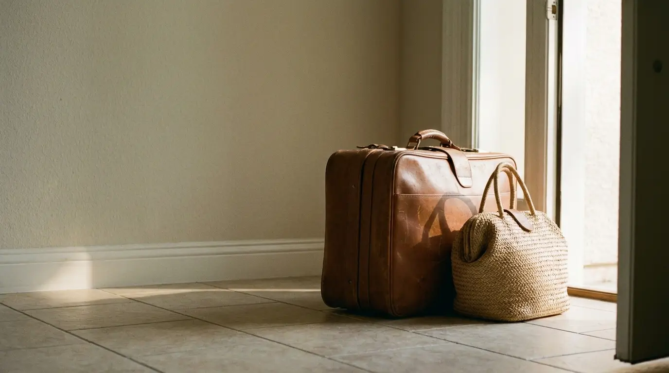 Leather suitcase and woven bag on tiled floor in sunlit room near door