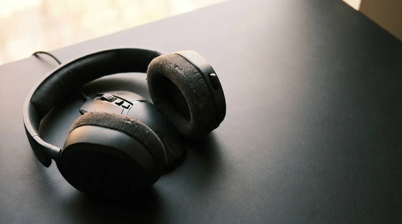 Black over-ear headphones and wireless mouse on dark surface in natural light