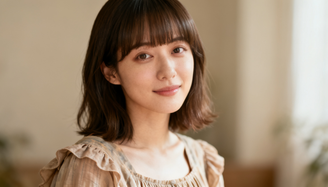 oft curtain bangs and mid-length layers gently framing and balancing the forehead of a heart-shaped face.