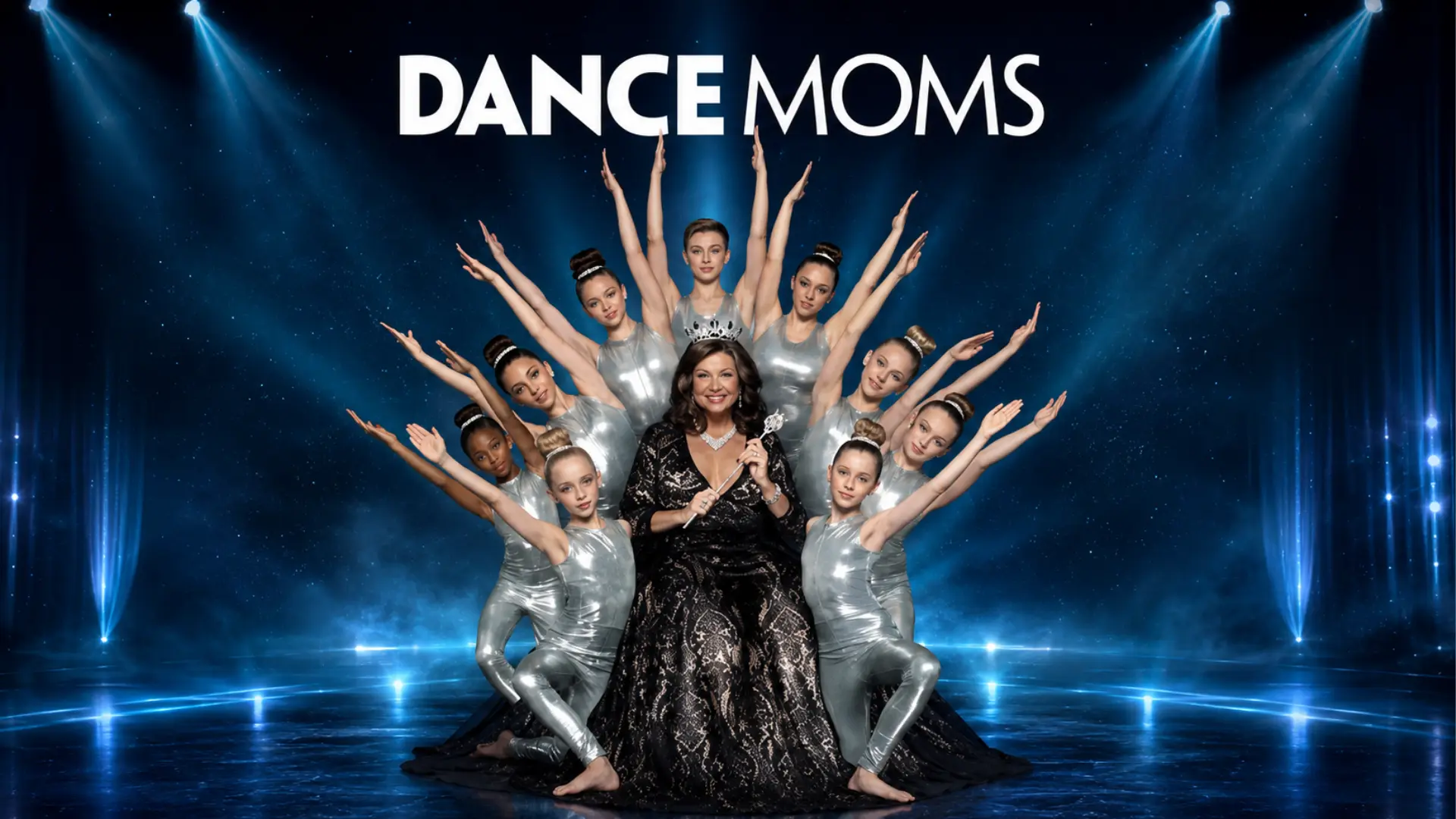 Dance Moms dancers in silver costumes pose around a woman under dramatic blue stage lights