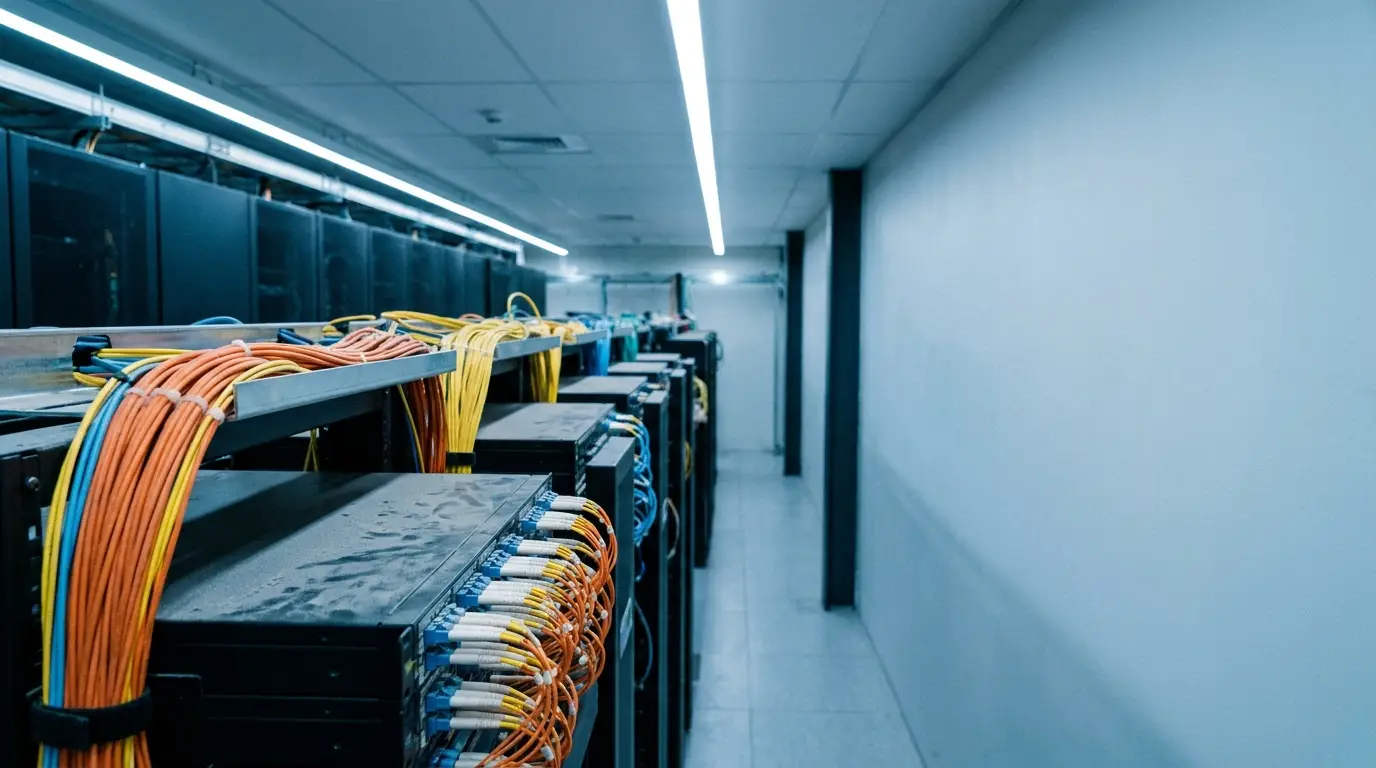 Server room with network cables organized on racks in dimly lit environment