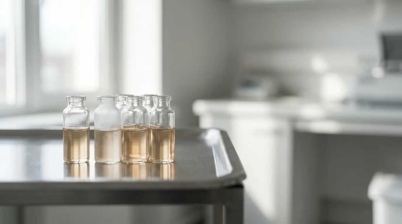 Small glass bottles with liquid on metal tray in bright, airy laboratory setting