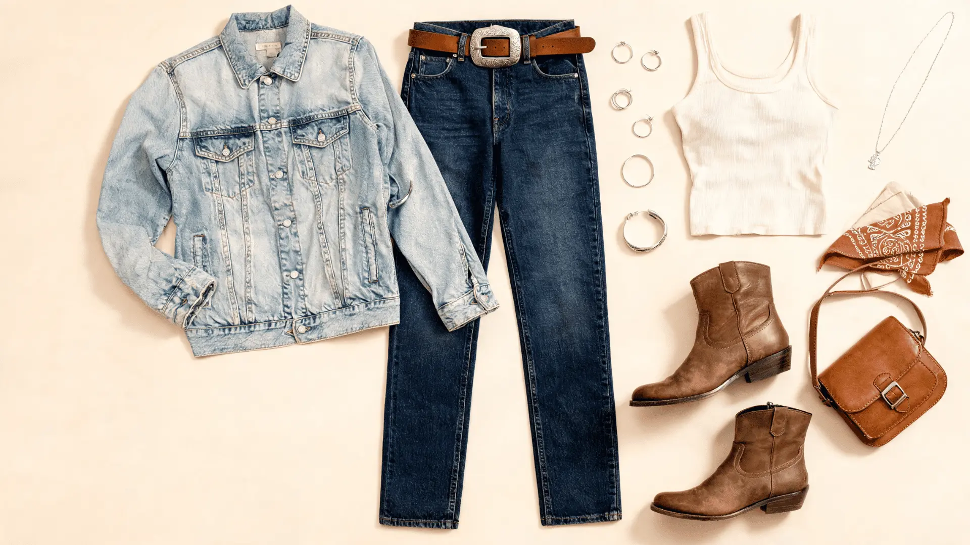 light denim jacket dark wash jeans brown leather boots and wide metal buckle belt in a flat lay outfit board