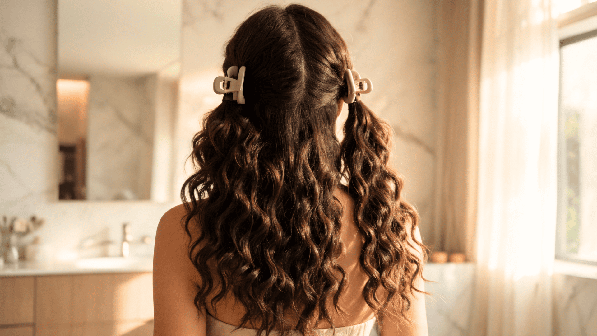 dense curly hair divided into two loose sections so the lower layers receive even product coverage