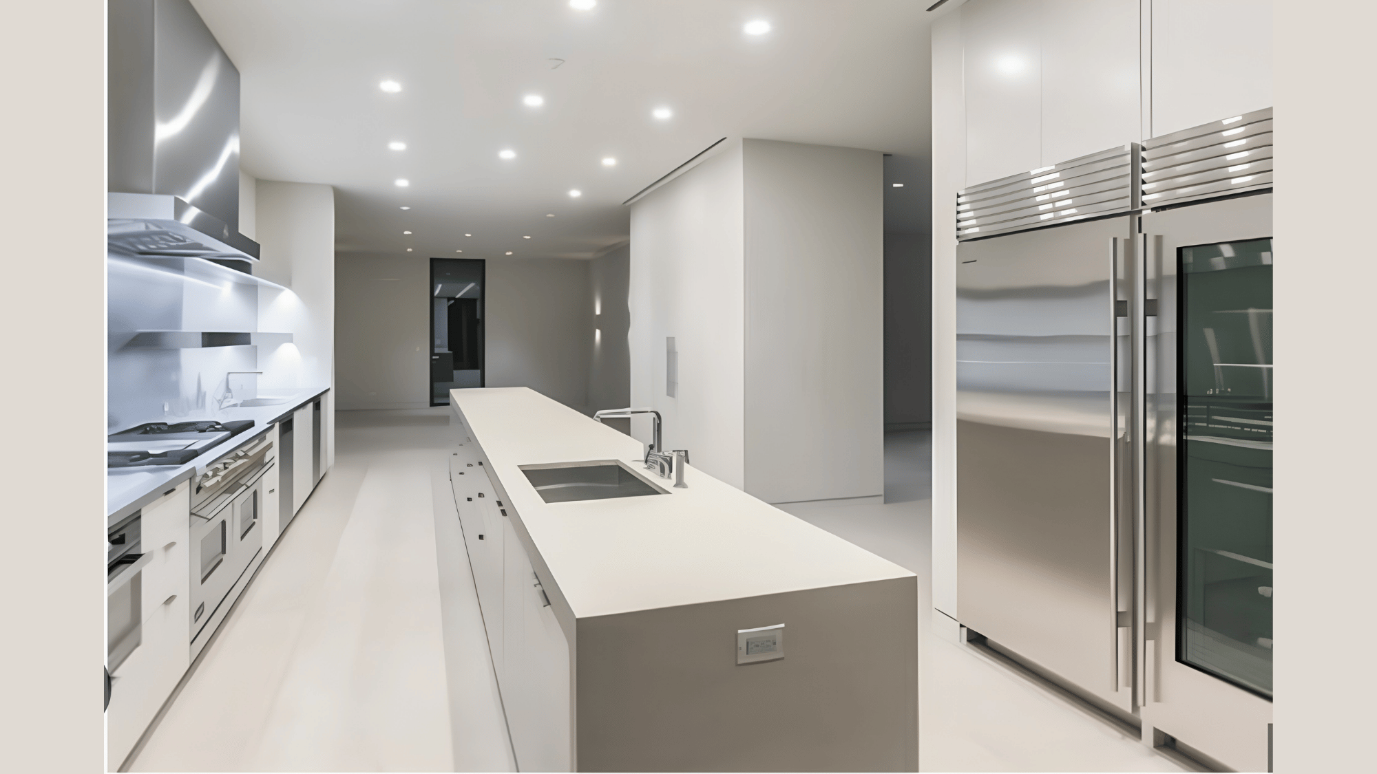 sleek white kitchen featuring a waterfall island, integrated appliances, hidden storage, and minimalist finishes for a refined modern look.