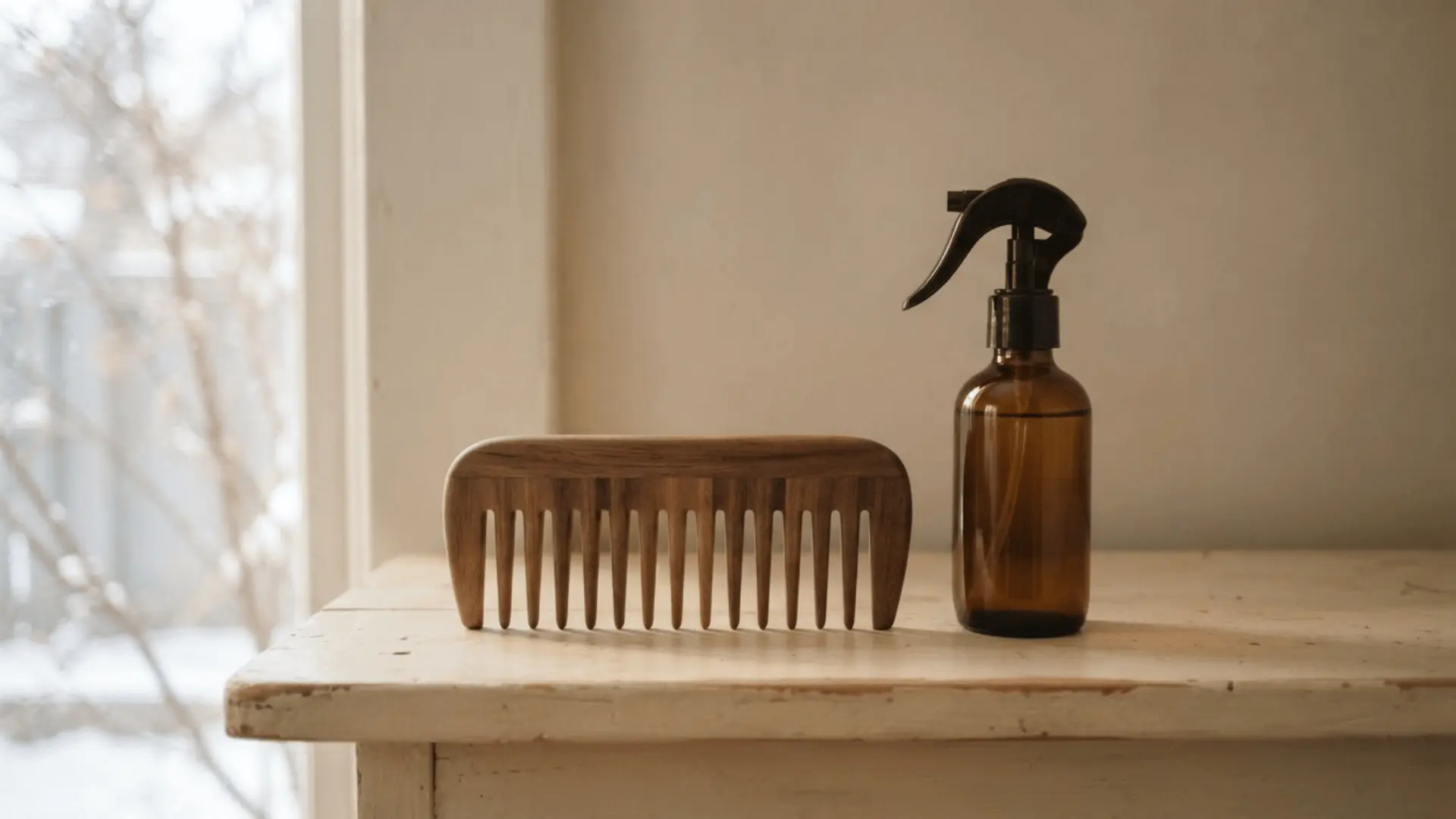 wooden wide tooth comb and amber spray bottle resting on a worn white table beside a bright snowy window