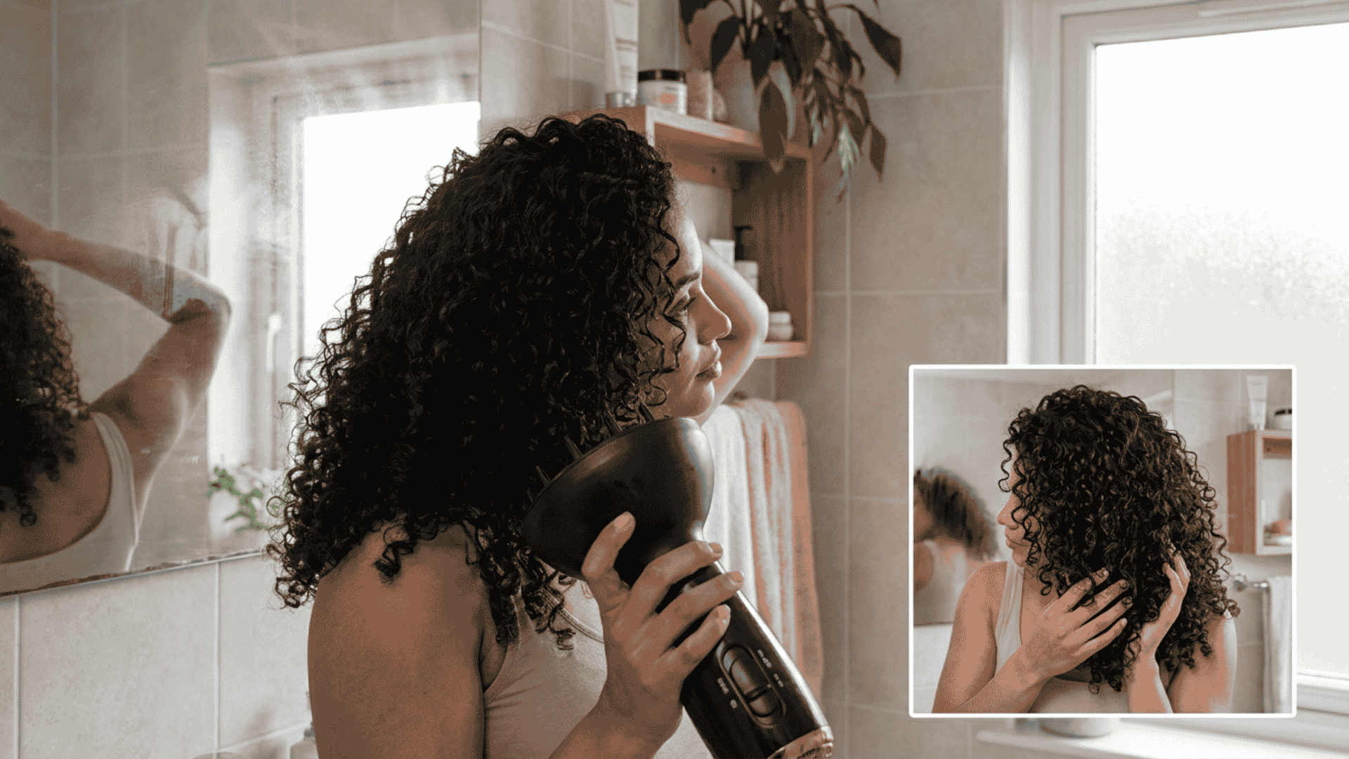 woman drying defined curly hair with a diffuser using gentle airflow