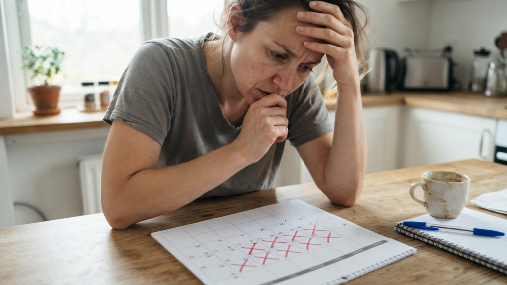 A worried woman sits at a kitchen table looking at a calendar with several crossed-out dates, illustrating stress and concern about a late menstrual period.