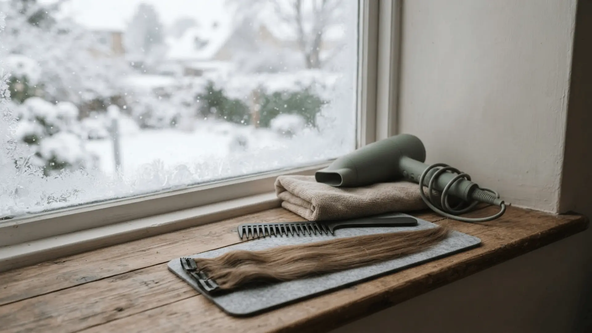hair dryer folded towels comb and long brown hair extensions arranged on a wooden sill beside a snowy window