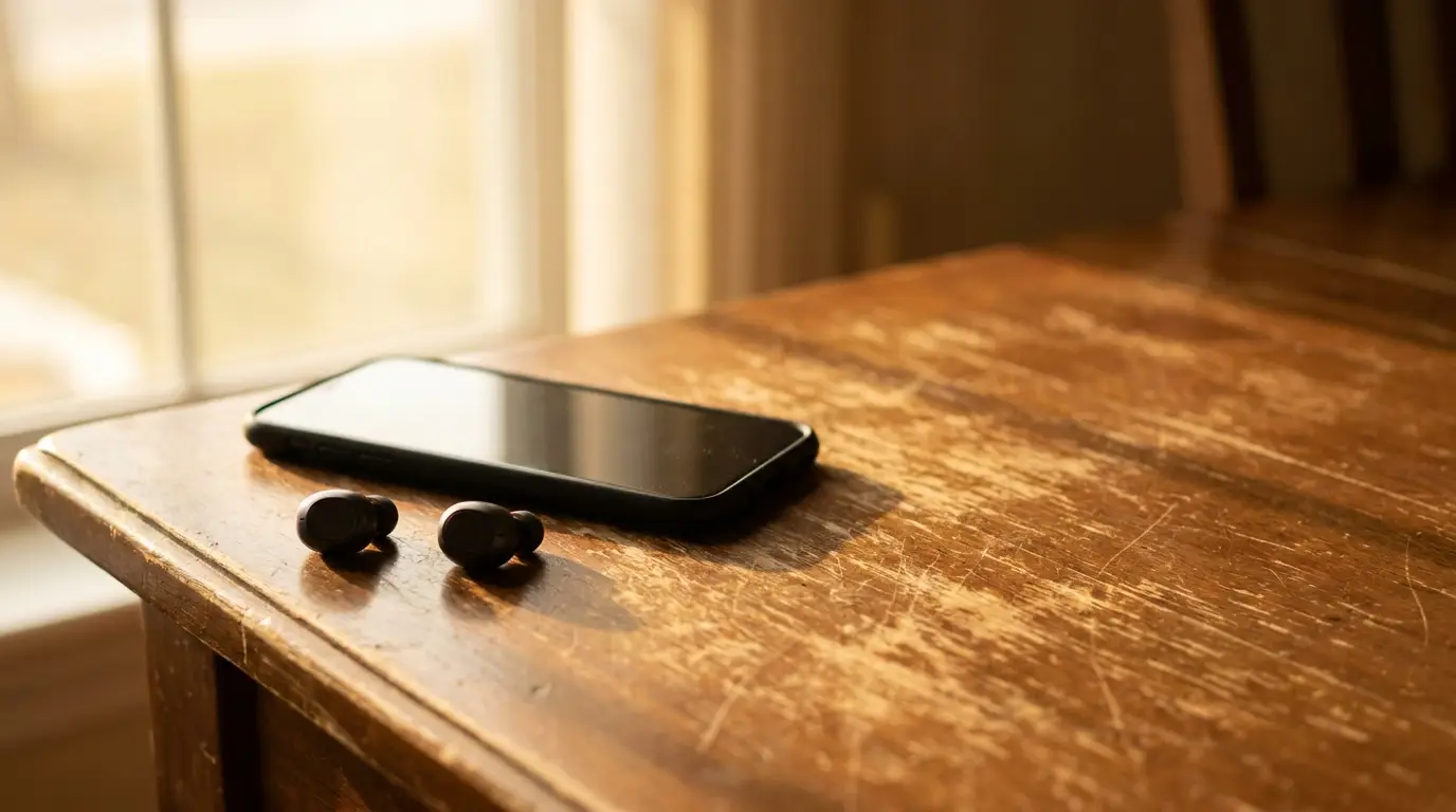 Smartphone and wireless earbuds on sunlit wooden table near a window