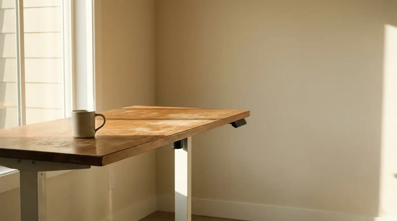 Wooden desk with a ceramic mug in a sunlit room with white walls