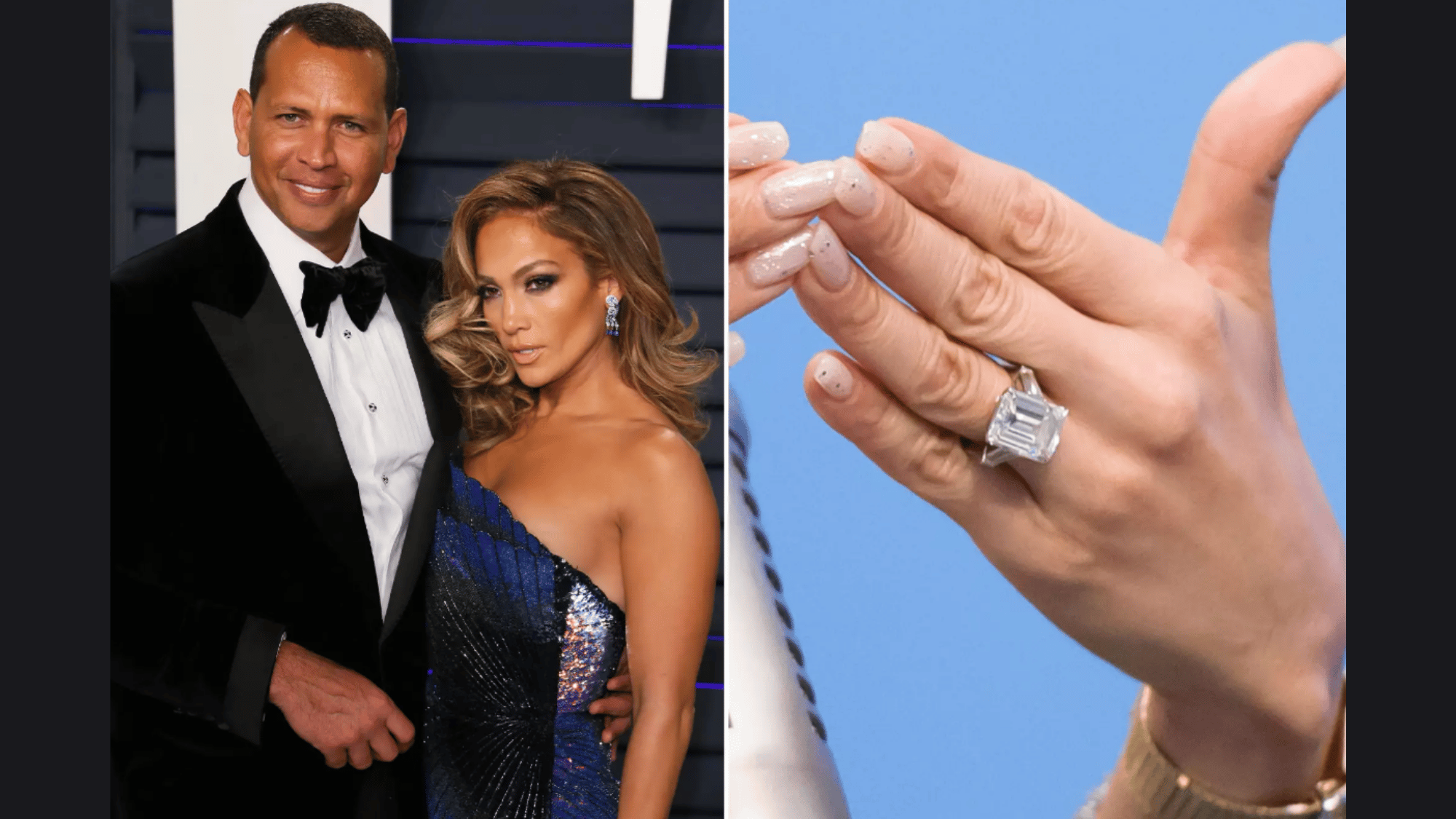 elegant celebrity couple posing next to a large emerald-cut diamond engagement ring close-up