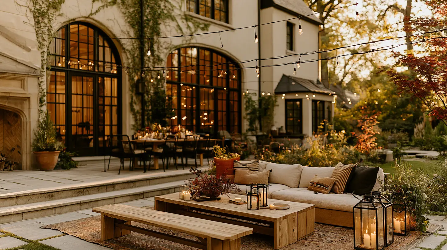 Outdoor patio with wooden furniture, string lights, and candles in a garden setting at dusk