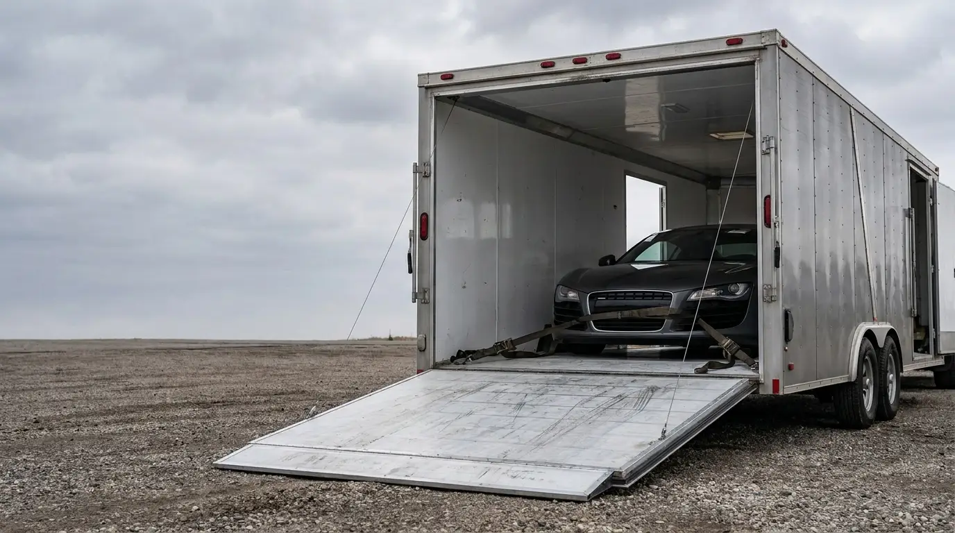 Car loaded in an open trailer on a gravel road under cloudy sky