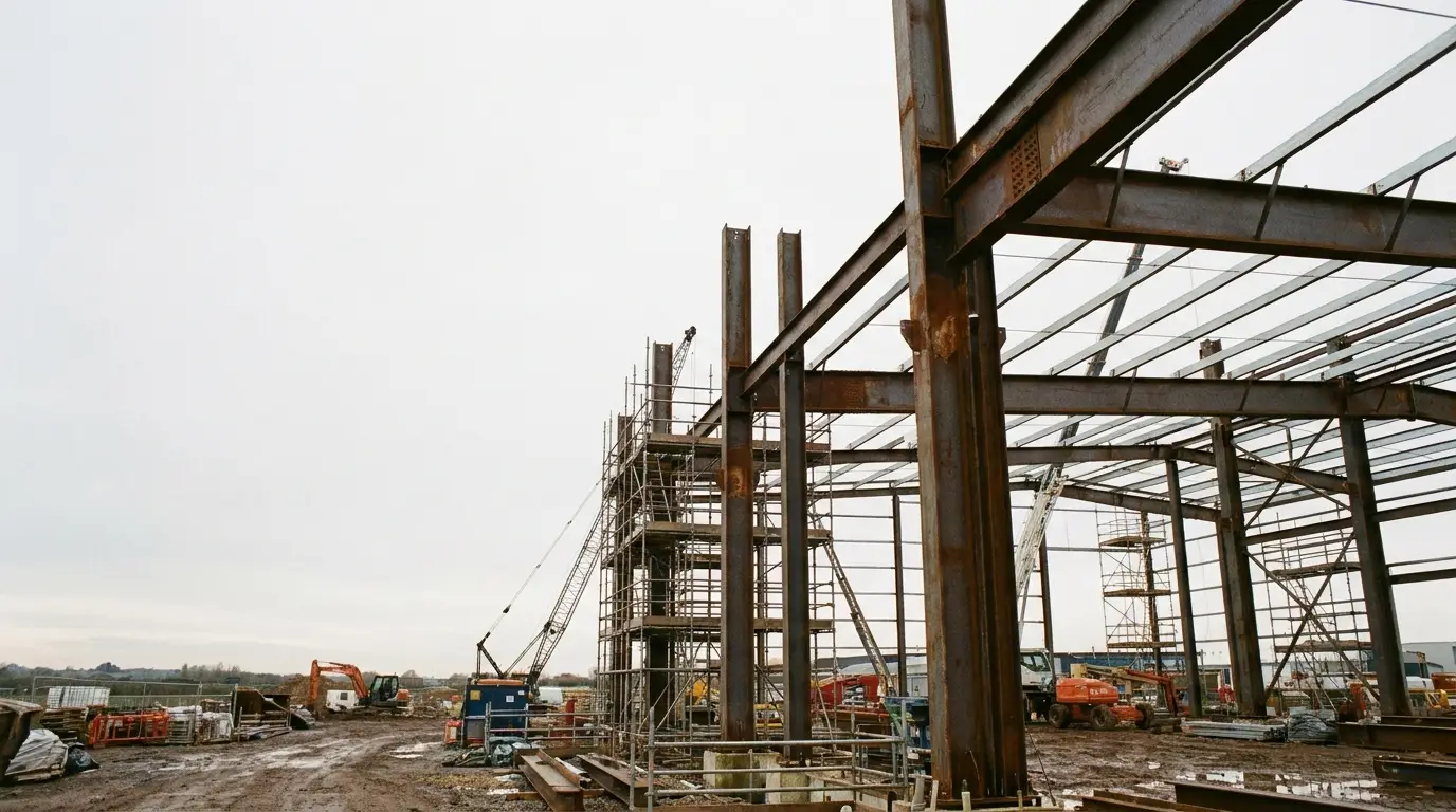 Steel frame structure under construction with scaffolding and cranes on a muddy site