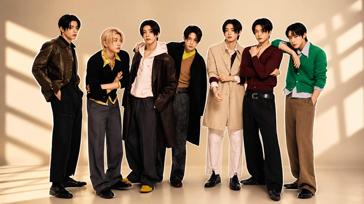 ENHYPEN members posing in stylish outfits at a warm studio backdropENHYPEN members posing in stylish outfits at a warm studio backdrop