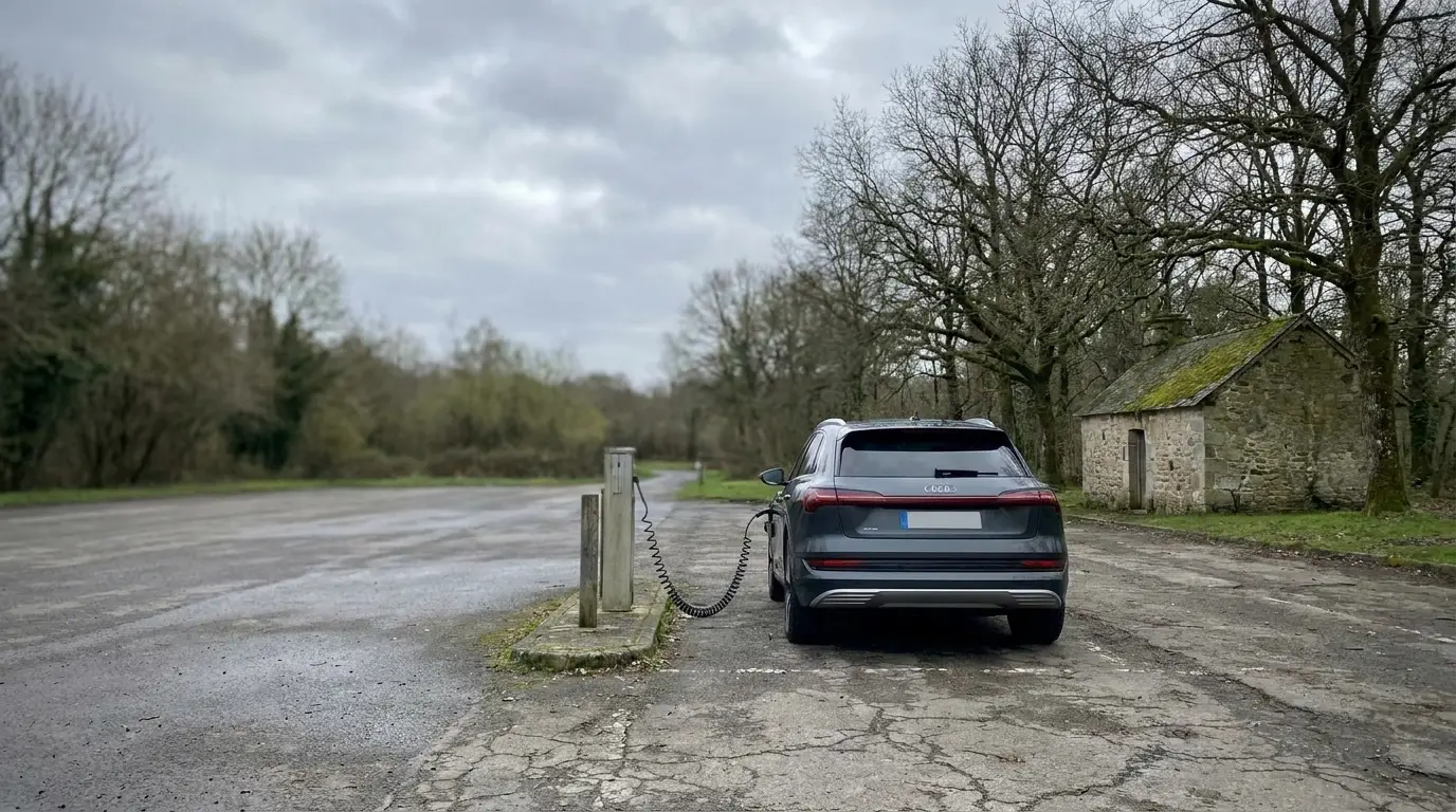 Electric car charging at roadside station near stone building in rural setting under cloudy sky