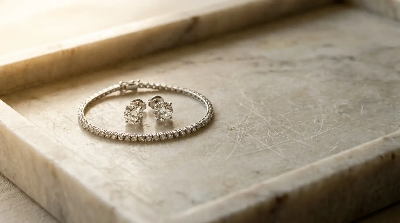 Diamond bracelet and stud earrings on a marble tray in soft warm light