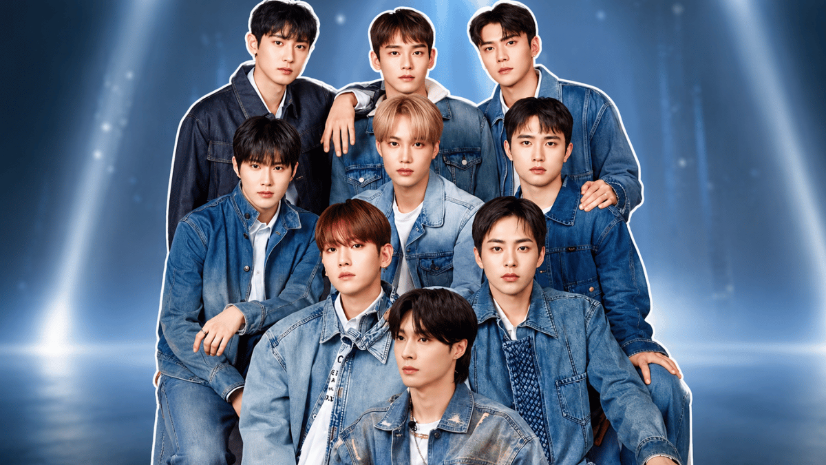 EXO members posing in coordinated denim outfits on a studio backdrop