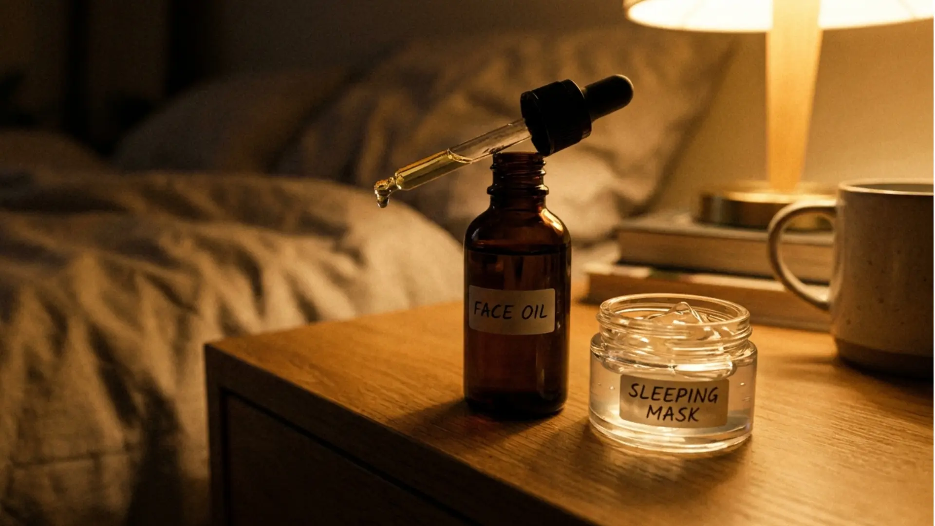 face oil dropper and a sleeping mask jar on a nightstand under warm lamp light