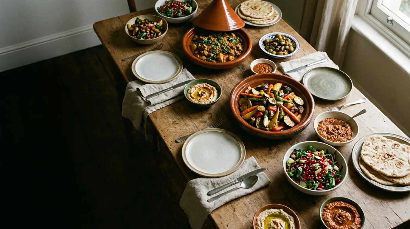 Assorted Mediterranean dishes on rustic wooden table with flatbreads and hummus in cozy dining room