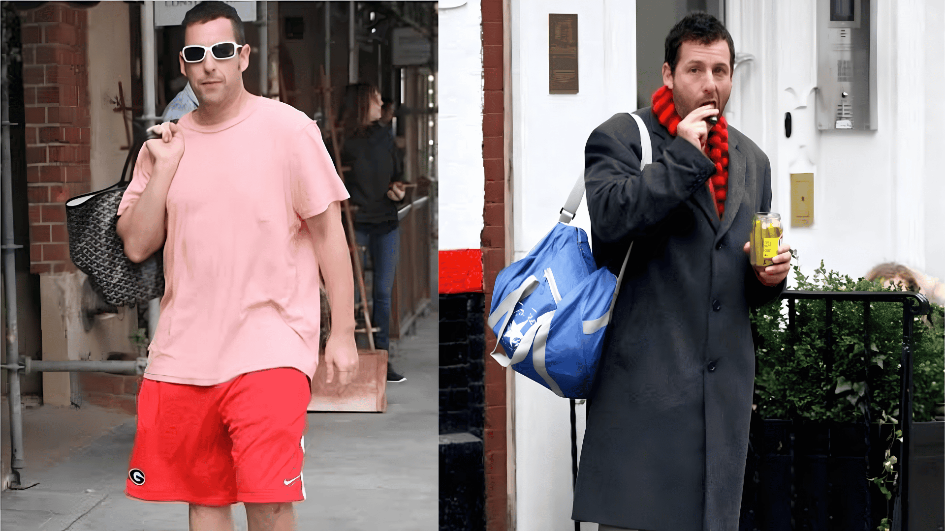 Man with shoulder bag in gray tee and man with large blue duffle bag