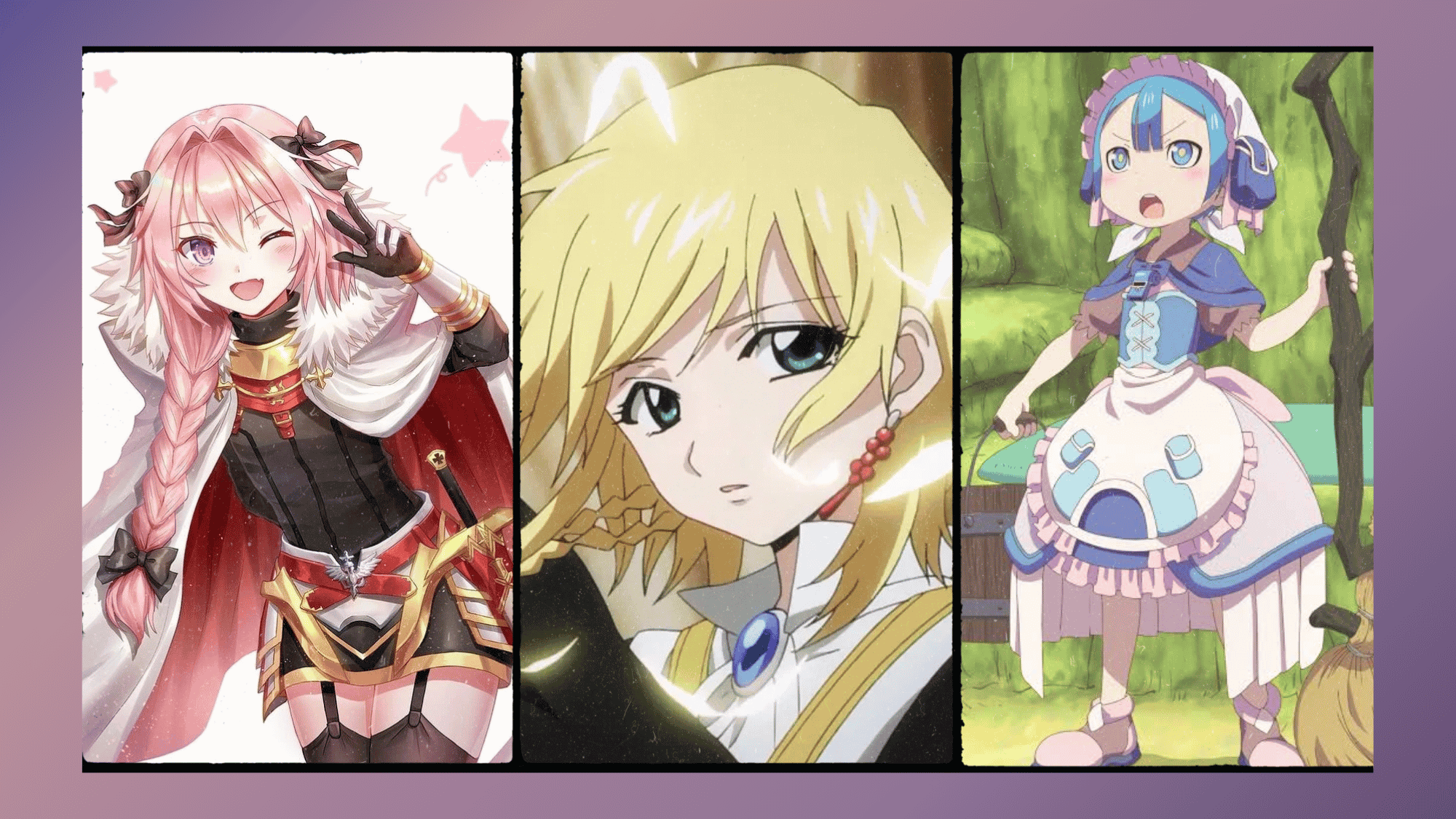 Fantasy <echighlighted>anime femboy</echighlighted> characters including Astolfo, Felix Argyle, and Marulk in a themed character collage.