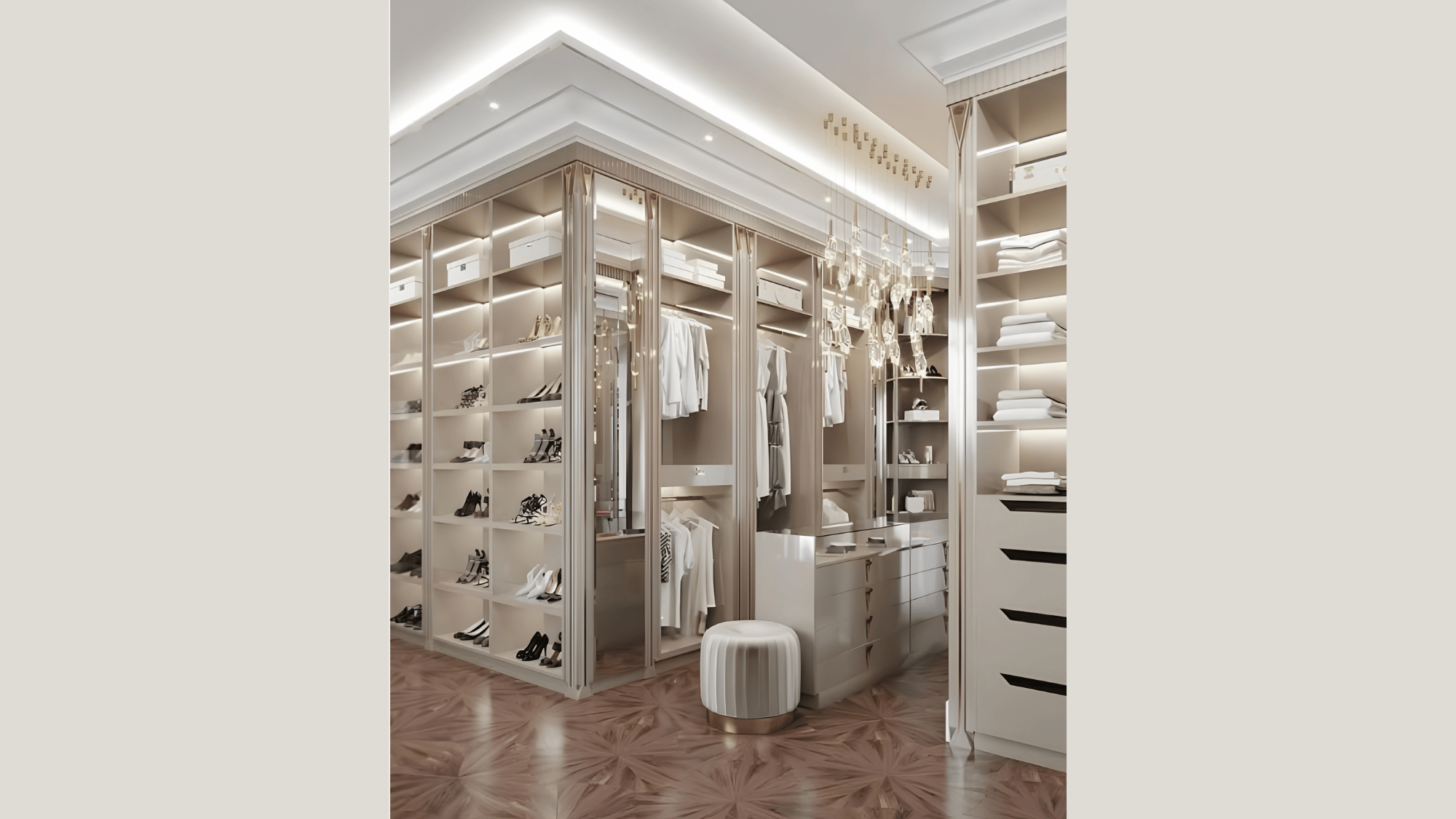 luxury walk-in closet with illuminated shelving, custom cabinetry, mirrored details, and organized displays for fashion and accessories.