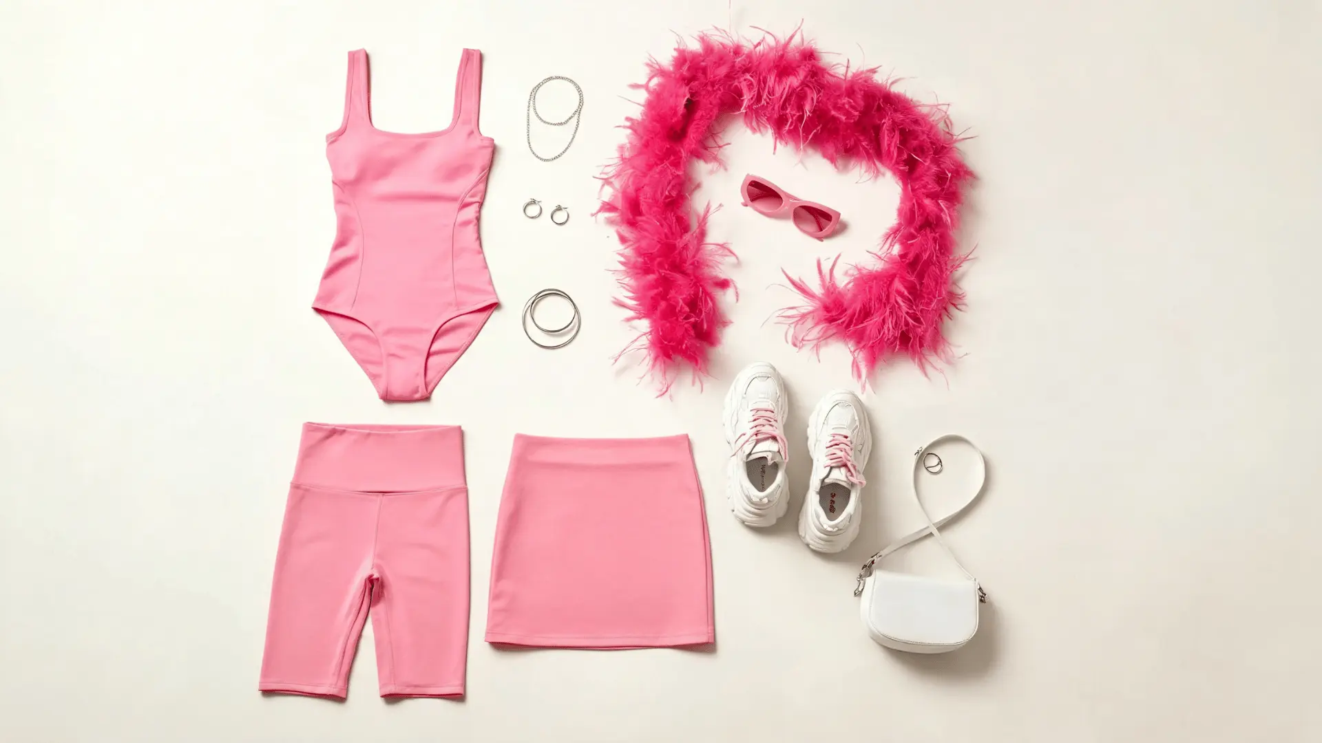 bright pink bodysuit bike shorts feather boa white chunky sneakers and silver accessories in a flat lay outfit board