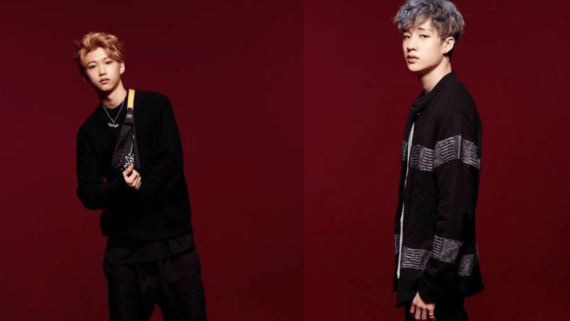 Felix and Bang Chan posing side by side against a red background for a Stray Kids promotional photoshoot.