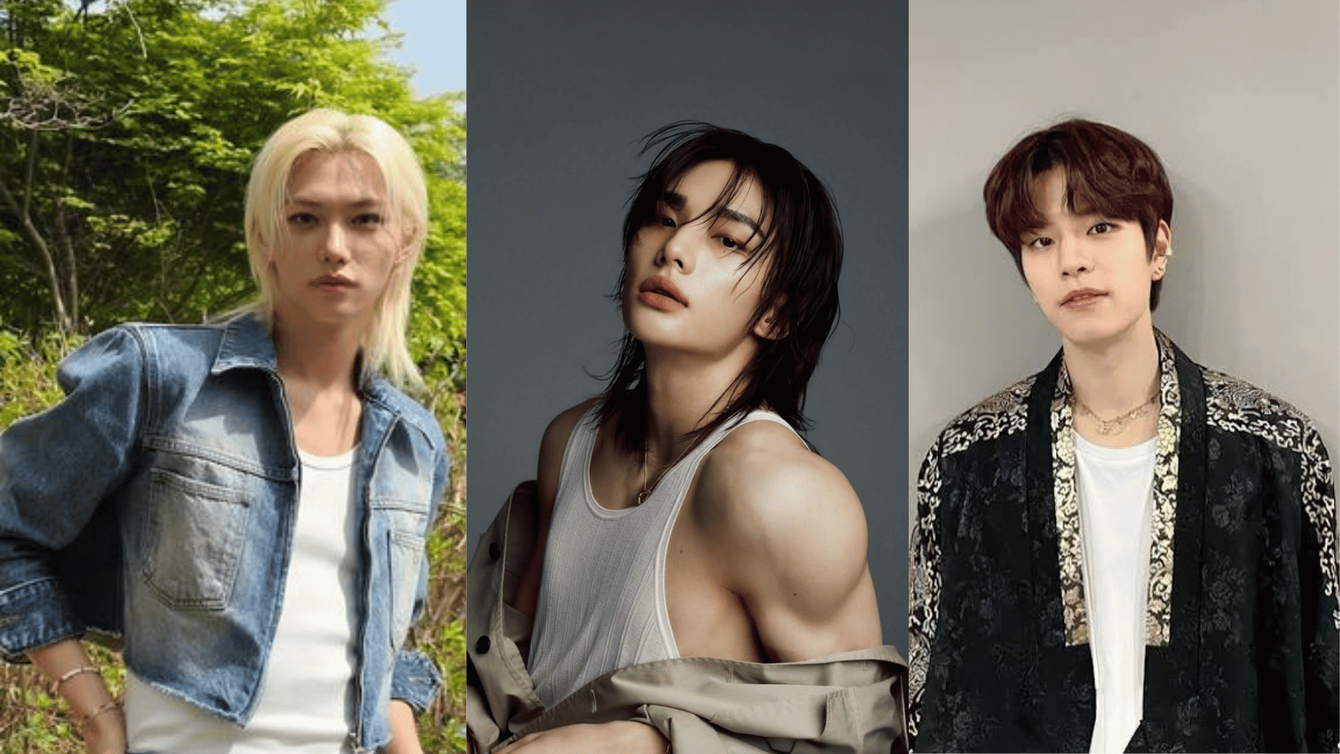 Felix, Hyunjin, and Seungmin in individual portraits highlighting their distinct styles and appearances.