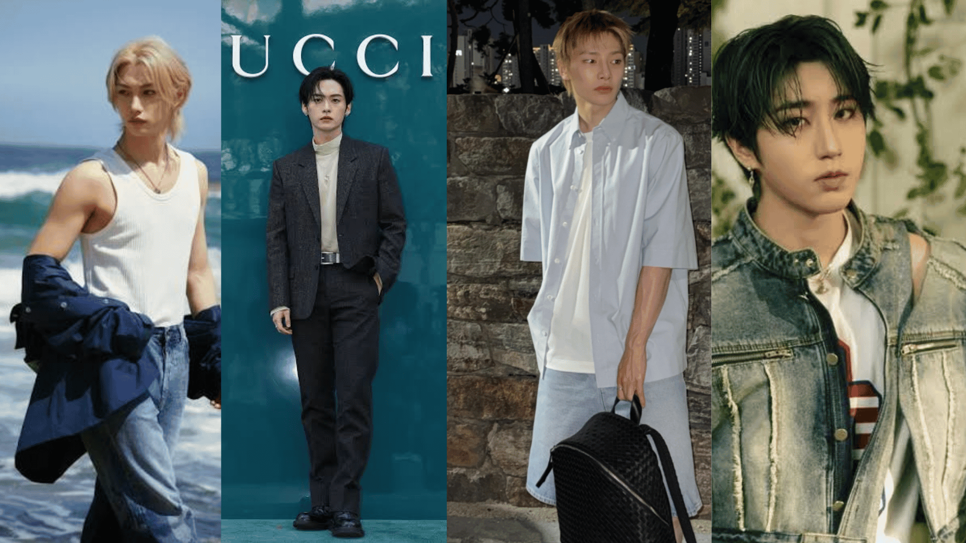 Lee Know, Han, I.N, and Felix in separate portraits showcasing their distinct fashion and hairstyles.