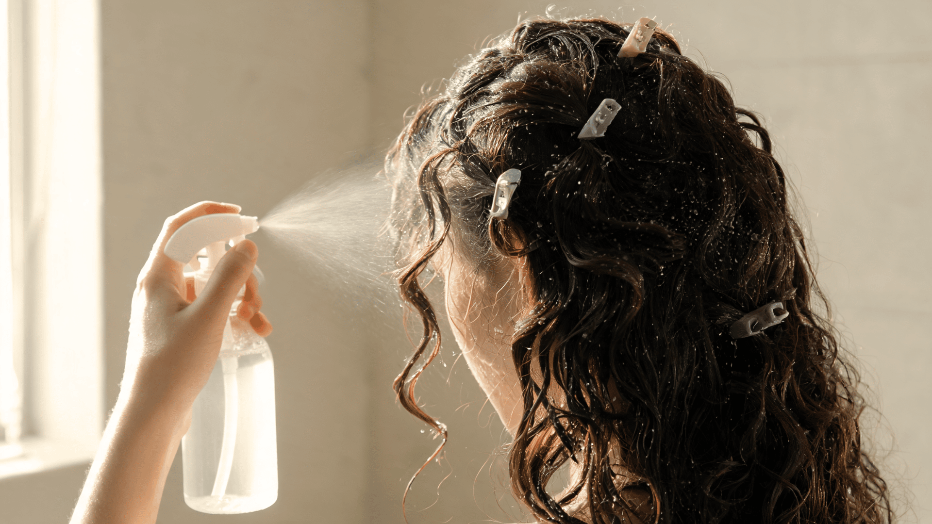 fine water mist being applied to a dry section so curly hair stays evenly damp before styling